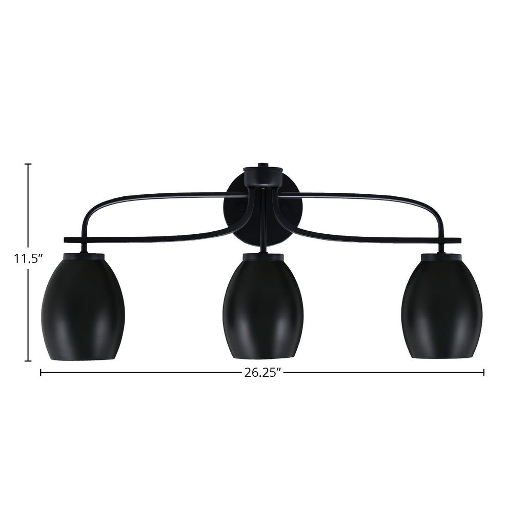 Cavella Three Light Bath Bar in Matte Black with 5" Matte Black Oval Metal Shade