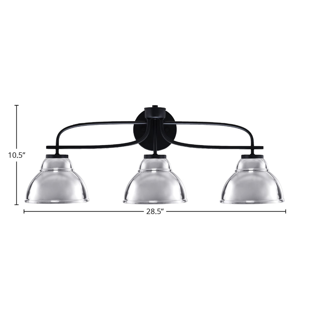 Cavella Three Light Bath Bar in Matte Black with 7" Chrome Double Bubble Metal Shade Shade