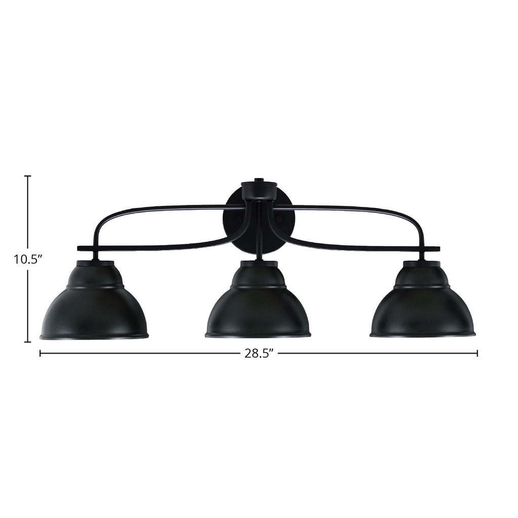 Cavella Three Light Bath Bar in Matte Black with 7" Matte Black Double Bubble Metal Shade