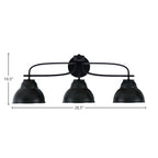 Cavella Three Light Bath Bar in Matte Black with 7" Matte Black Double Bubble Metal Shade