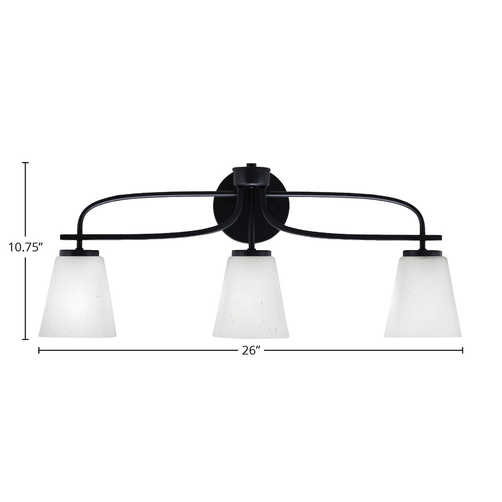 Cavella Three Light Bath Bar in Matte Black with 4.5" Square White Muslin Shade