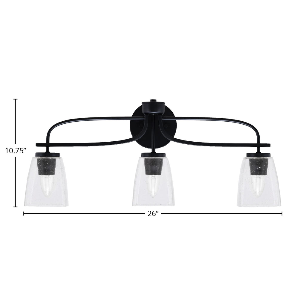 Cavella Three Light Bath Bar in Matte Black with 4.5" Square Clear Bubble Shade
