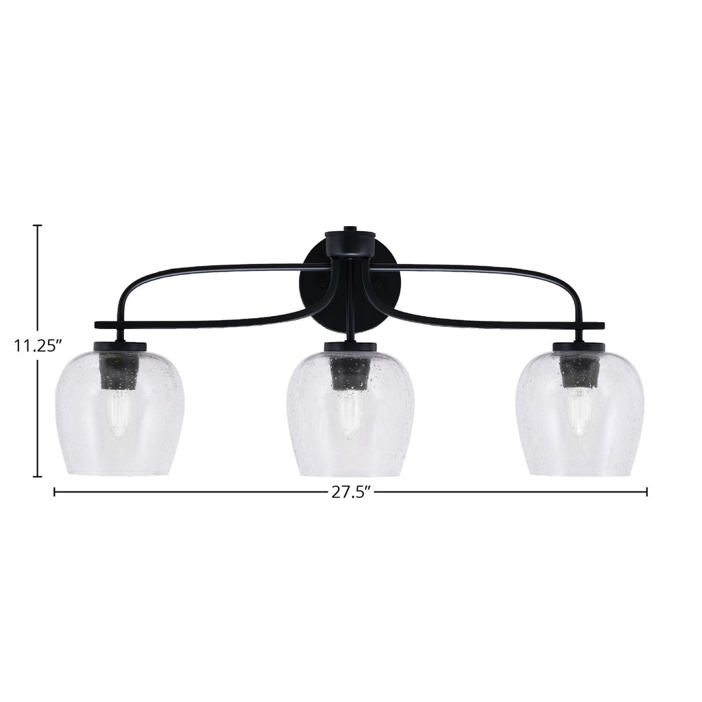 Cavella Three Light Bath Bar in Matte Black with 6" Clear Bubble Shade