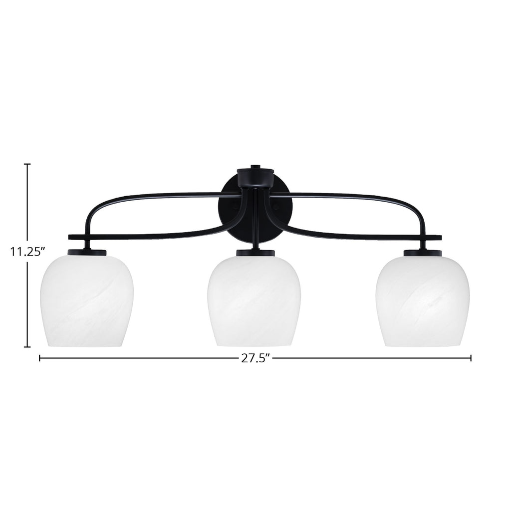 Cavella Three Light Bath Bar in Matte Black with 6" White Marble Shade