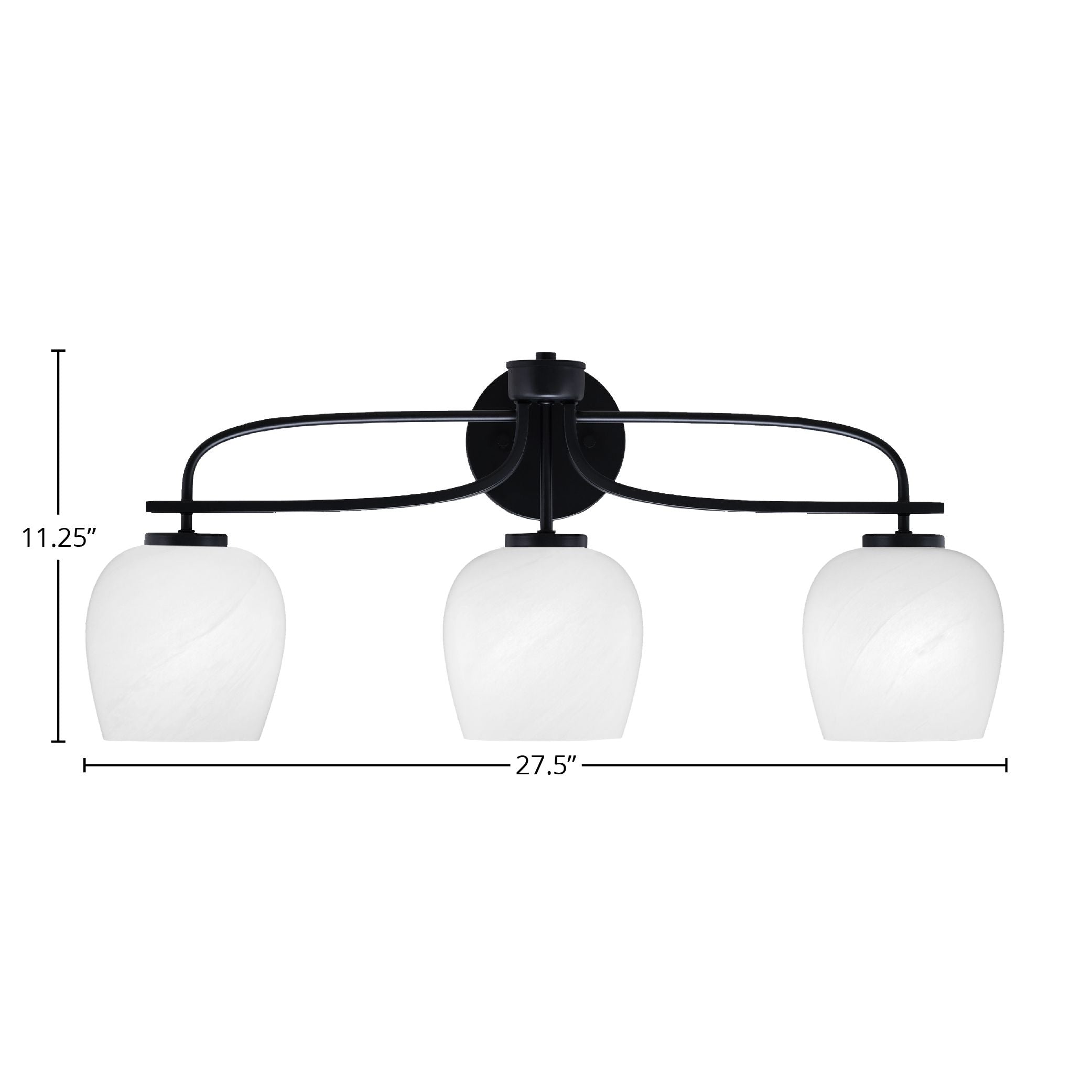 Cavella Three Light Bath Bar in Matte Black with 6" White Marble Shade