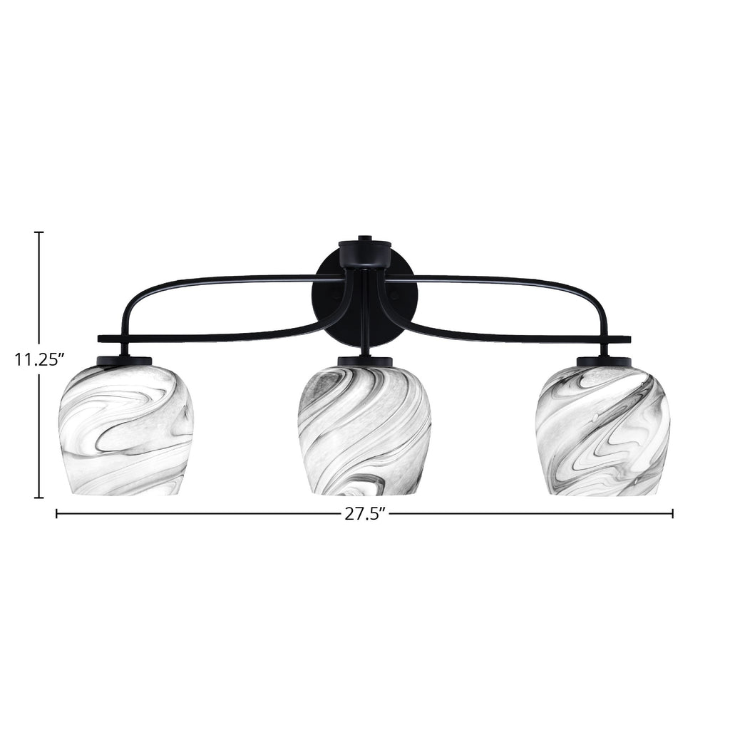 Cavella Three Light Bath Bar in Matte Black with 6" Onyx Swirl Shade
