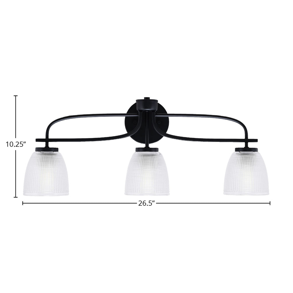Cavella Three Light Bath Bar in Matte Black with 5" Clear Ribbed Shade