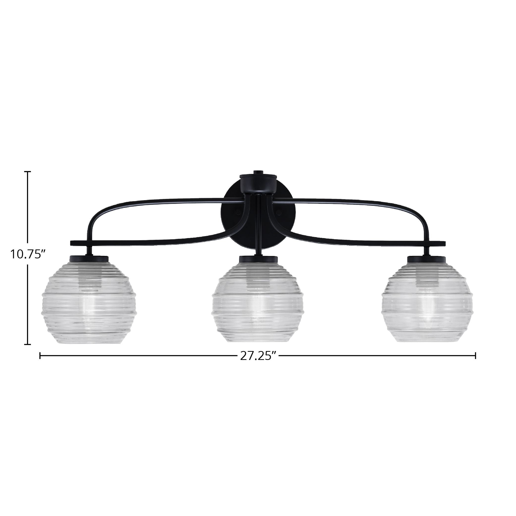 Cavella Three Light Bath Bar in Matte Black with 6" Clear Ribbed Shade