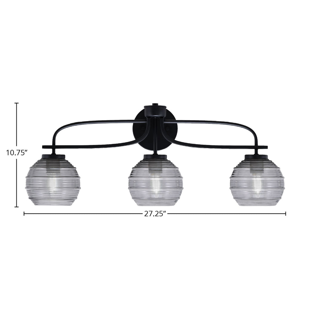 Cavella Three Light Bath Bar in Matte Black with 6" Smoke Ribbed Shade