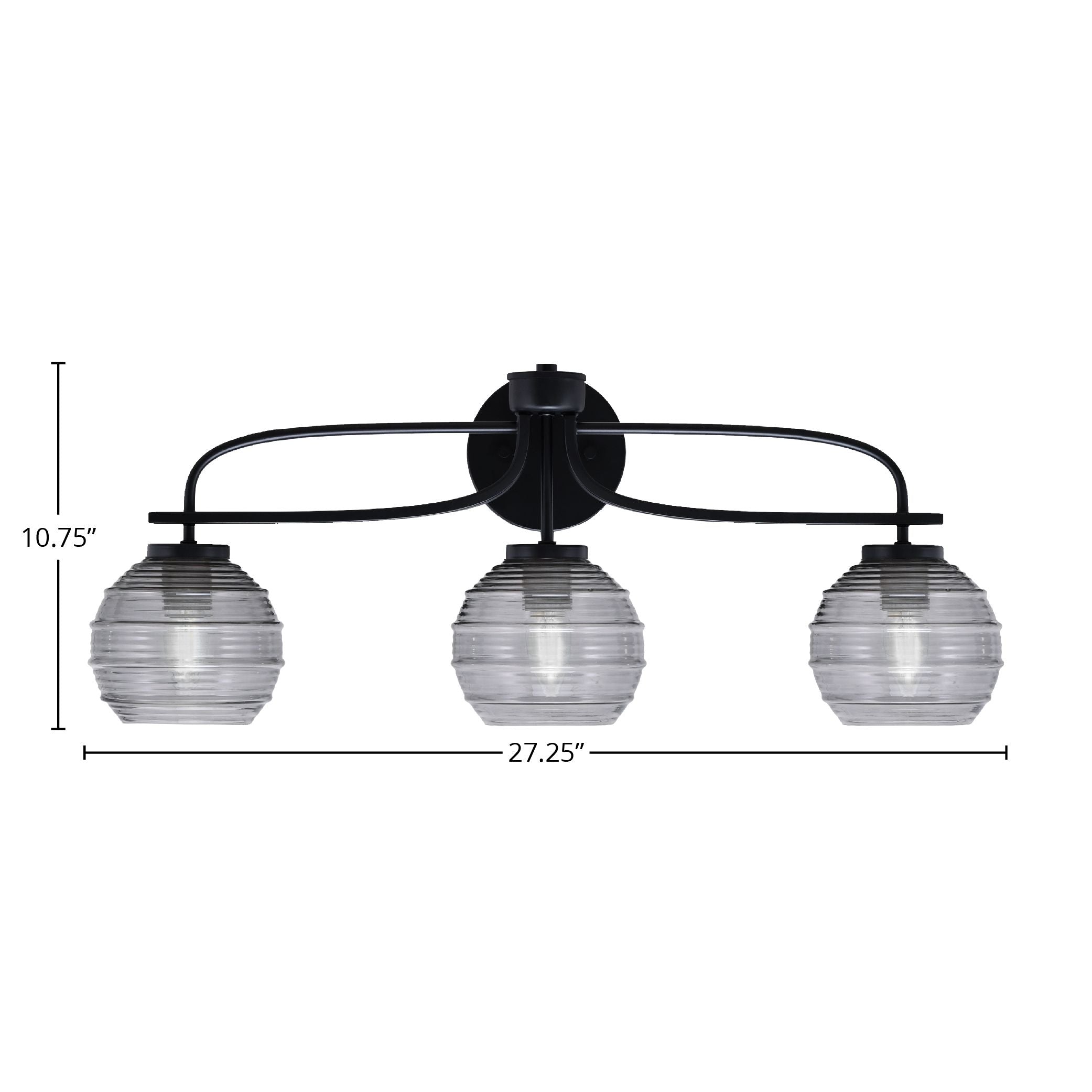 Cavella Three Light Bath Bar in Matte Black with 6" Smoke Ribbed Shade