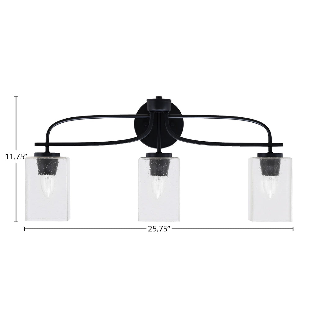 Cavella Three Light Bath Bar in Matte Black with 4" Square Clear Bubble Shade