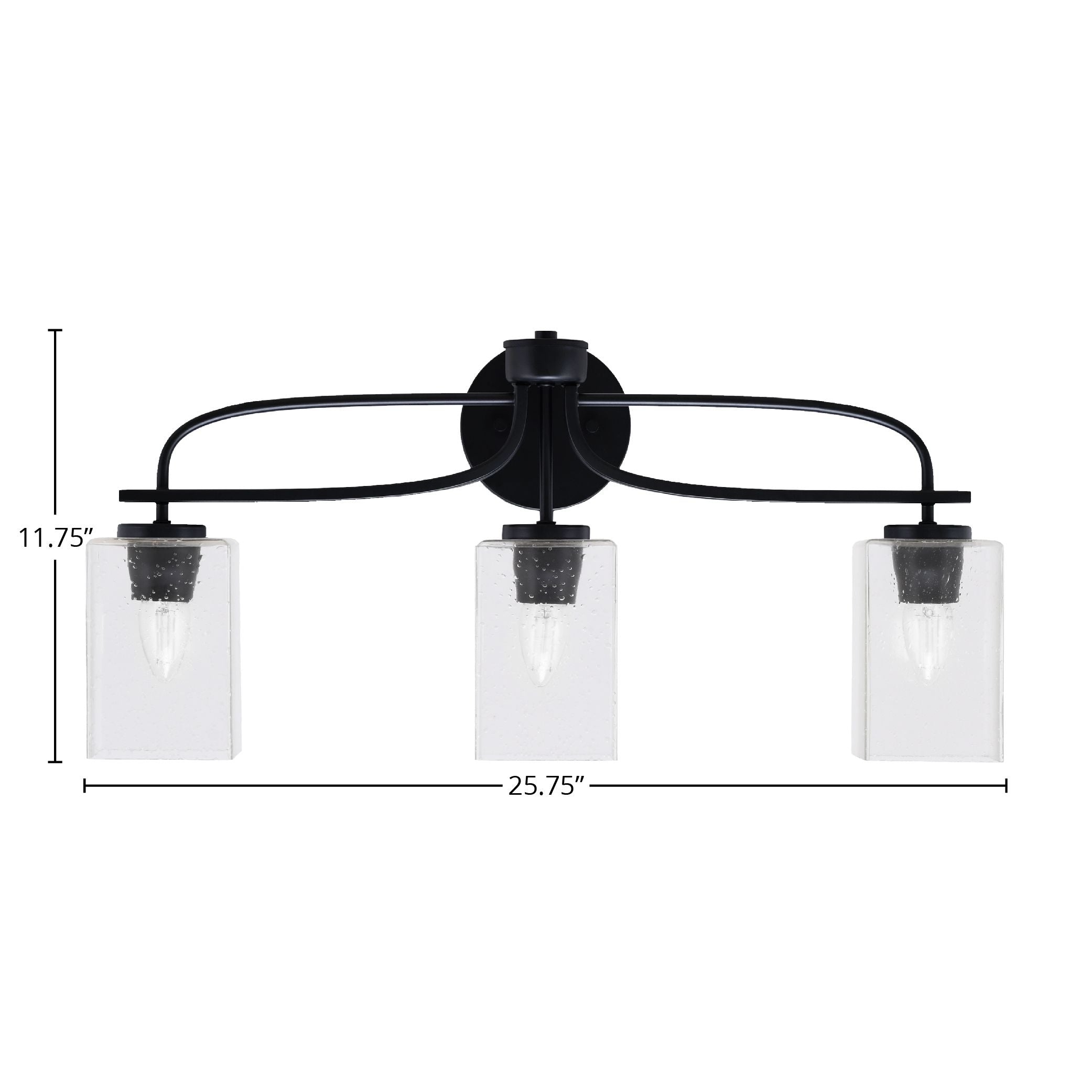 Cavella Three Light Bath Bar in Matte Black with 4" Square Clear Bubble Shade
