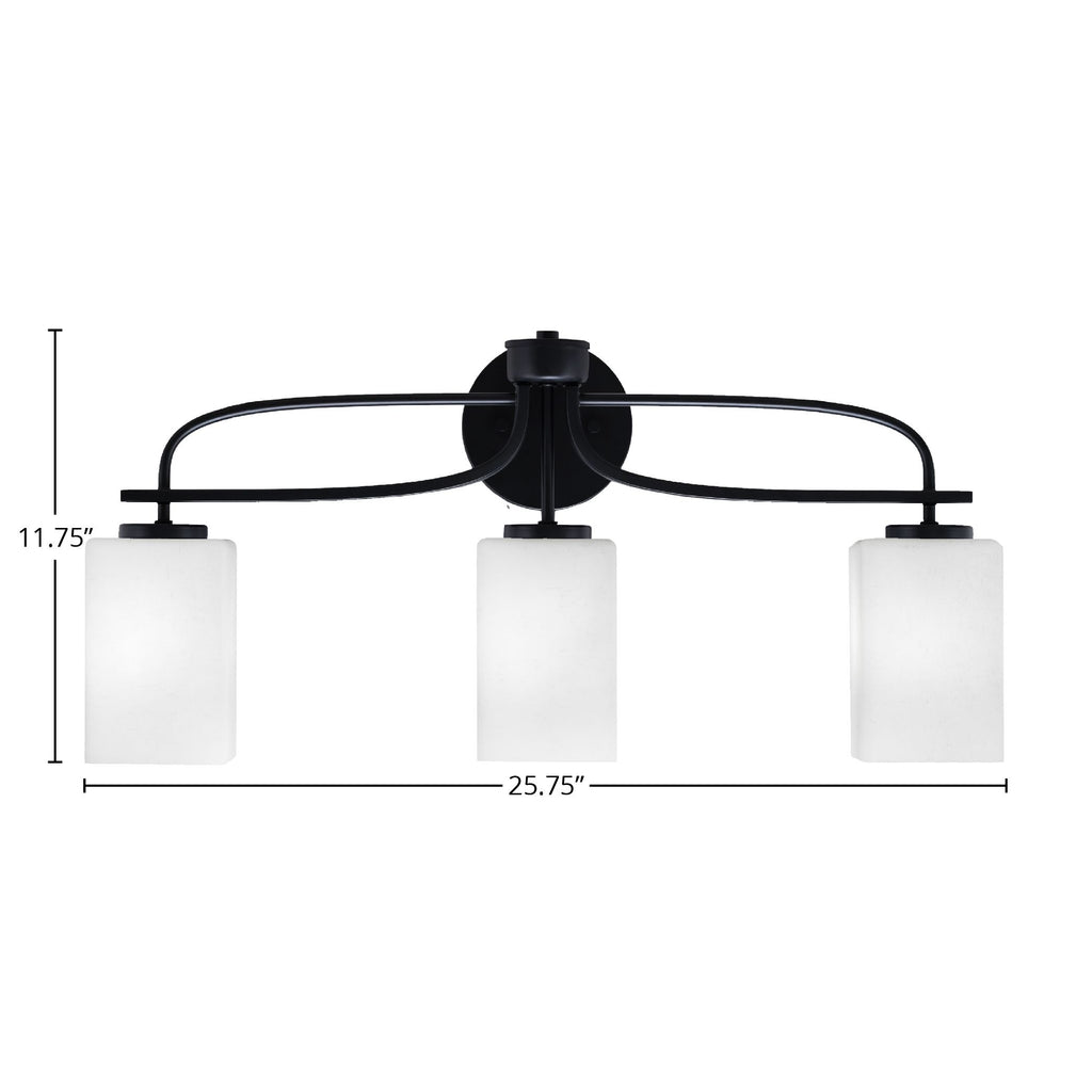 Cavella Three Light Bath Bar in Matte Black with 4" Square White Muslin Shade
