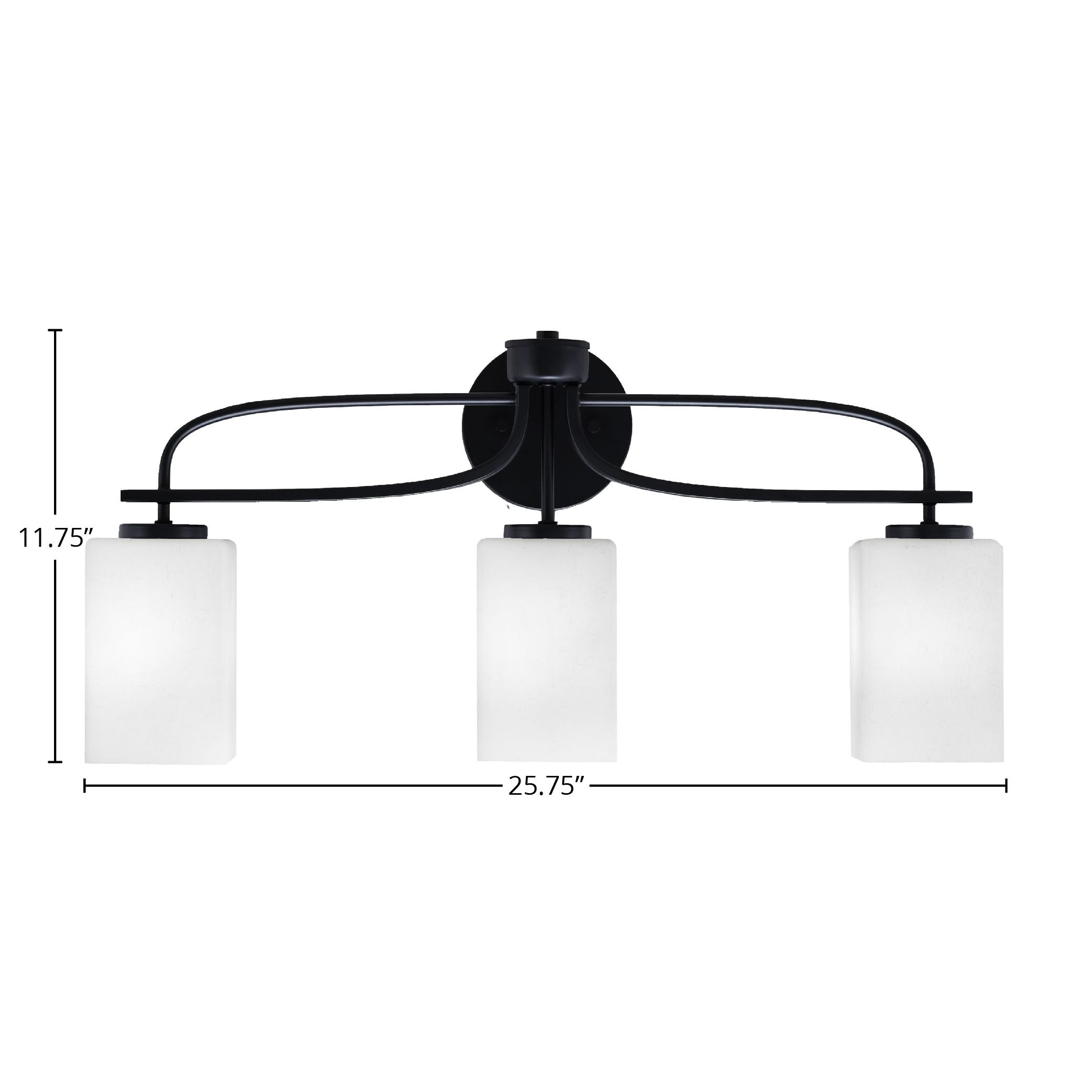 Cavella Three Light Bath Bar in Matte Black with 4" Square White Muslin Shade