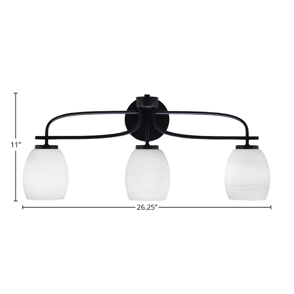 Cavella Three Light Bath Bar in Matte Black with 5" White Linen Shade