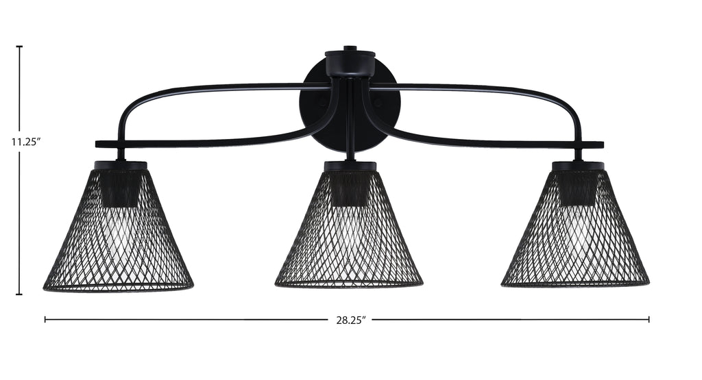 Cavella Three Light Bath Bar in Matte Black with 7"Matte Black Cone Mesh Metal Shade