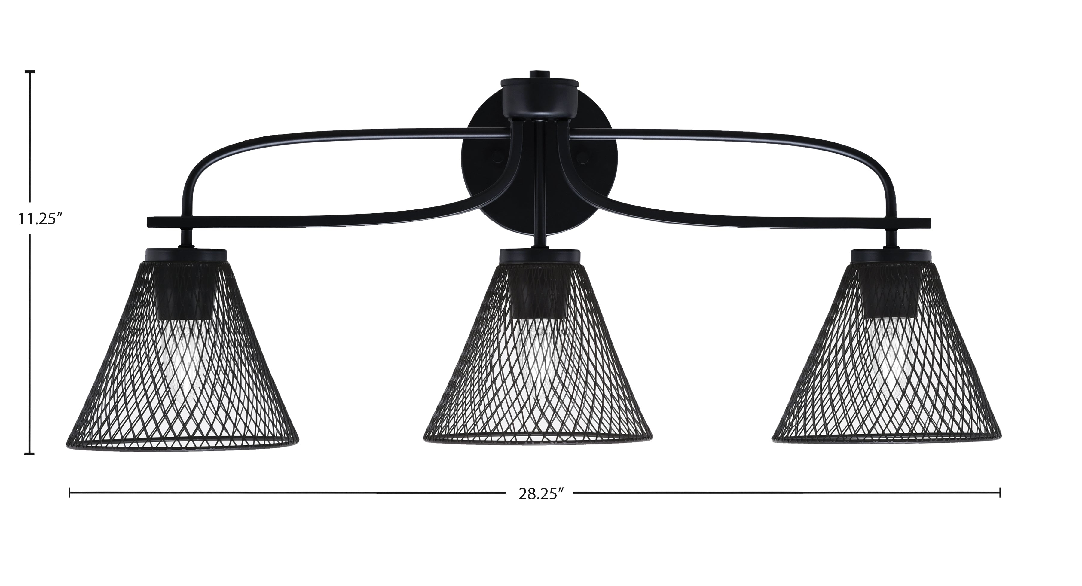 Cavella Three Light Bath Bar in Matte Black with 7"Matte Black Cone Mesh Metal Shade