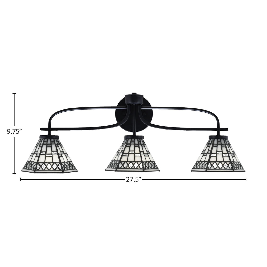 Cavella Three Light Bath Bar in Matte Black with 7" Pewter Art Glass Shade
