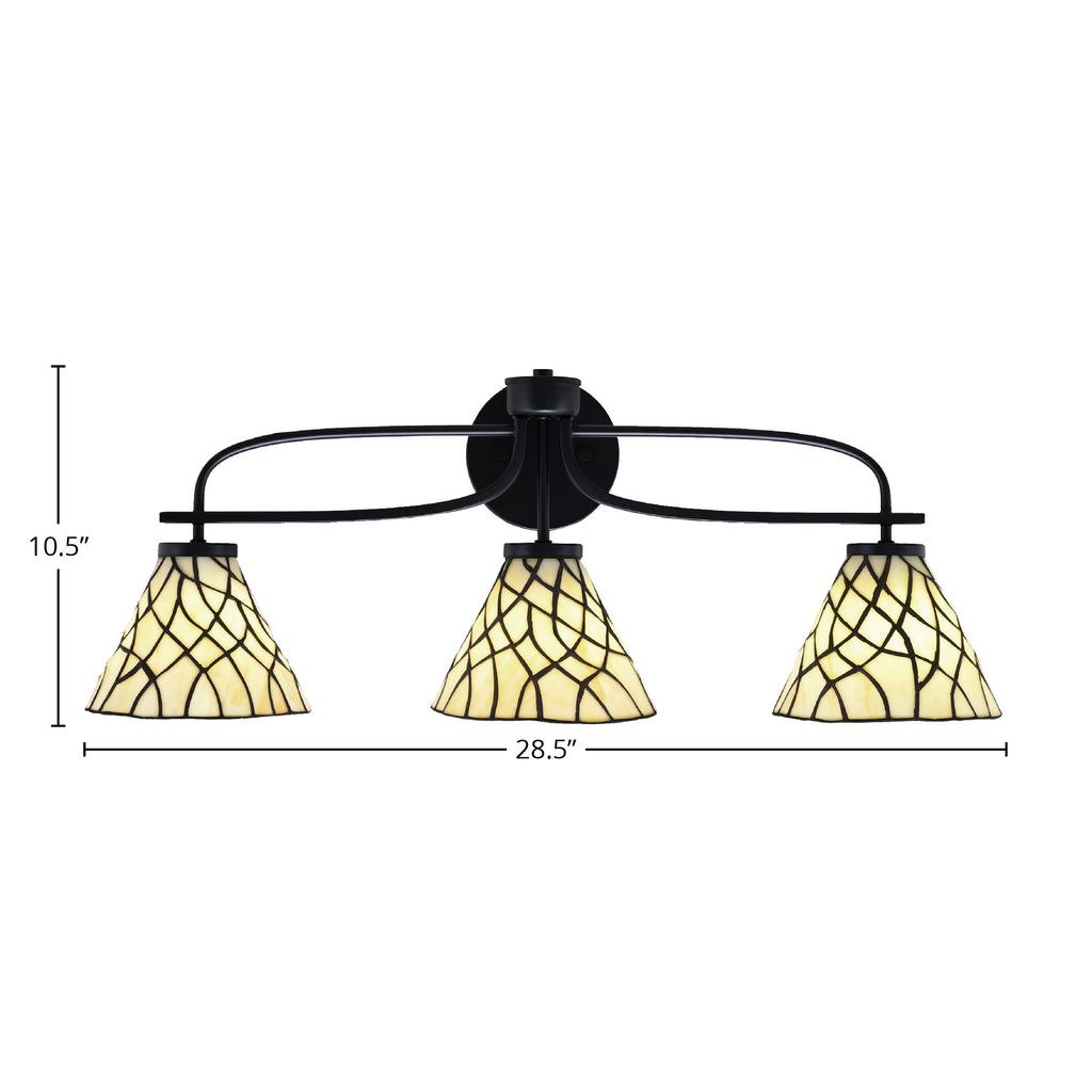Cavella Three Light Bath Bar in Matte Black with 7" Sandhill Art Glass Shade
