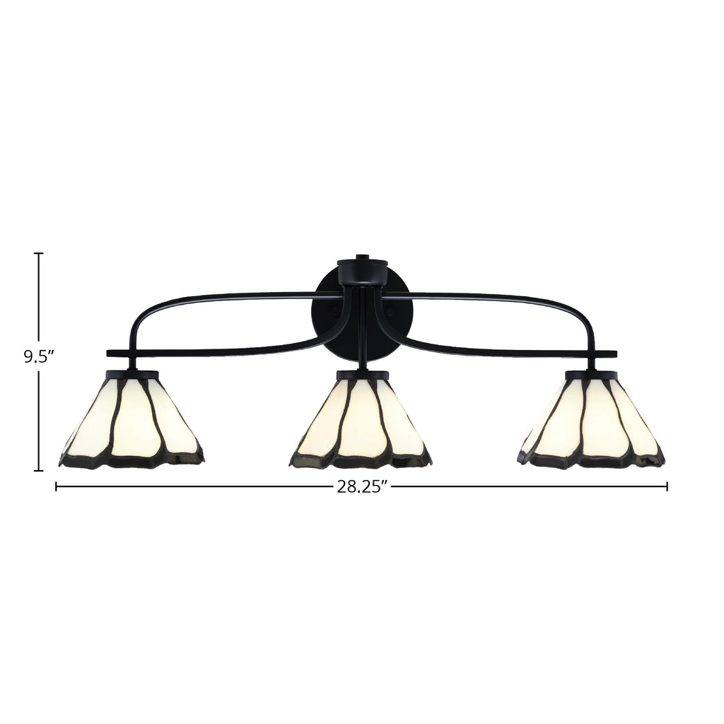 Cavella Three Light Bath Bar in Matte Black with 7" Pearl & Black Flair Art Glass Shade