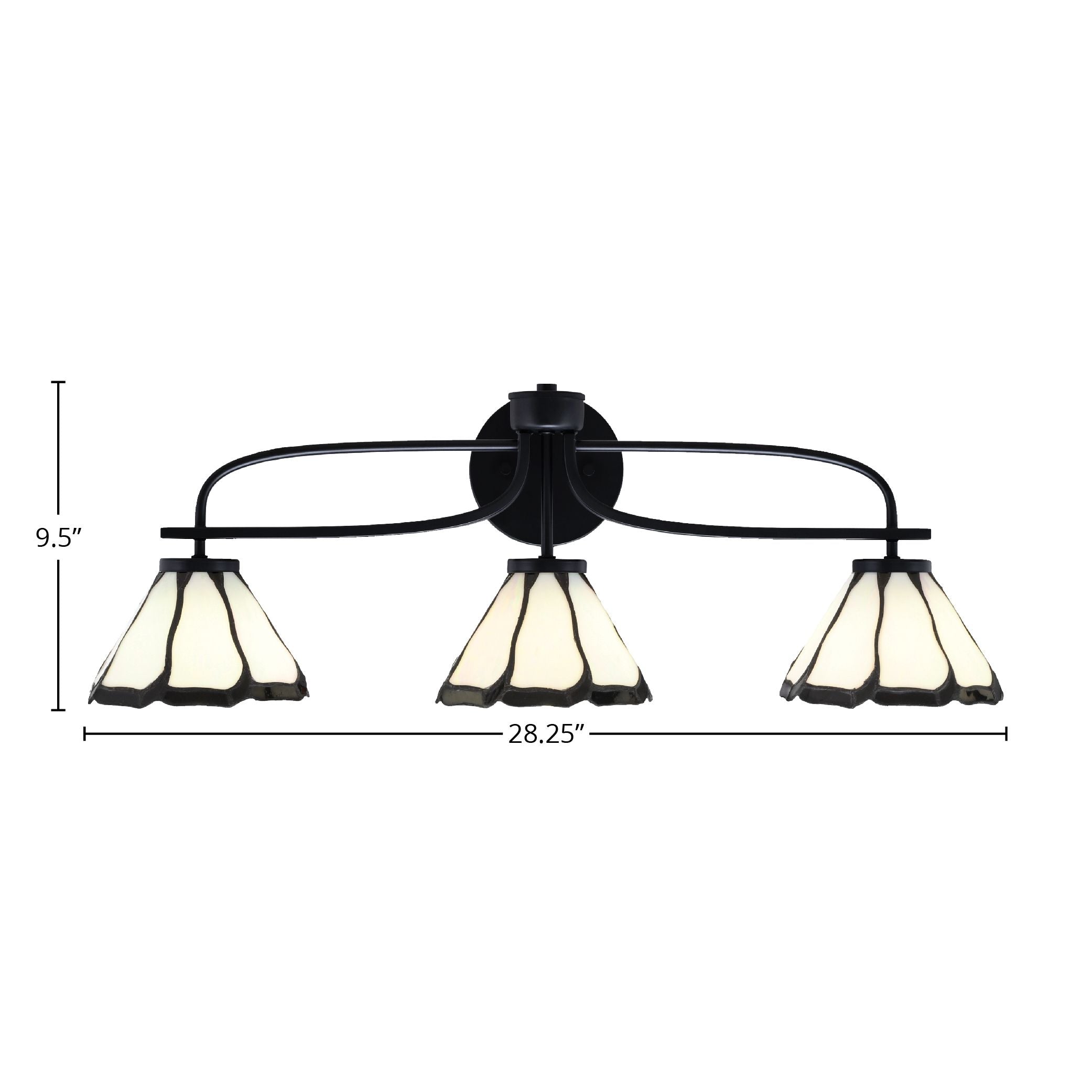Cavella Three Light Bath Bar in Matte Black with 7" Pearl & Black Flair Art Glass Shade