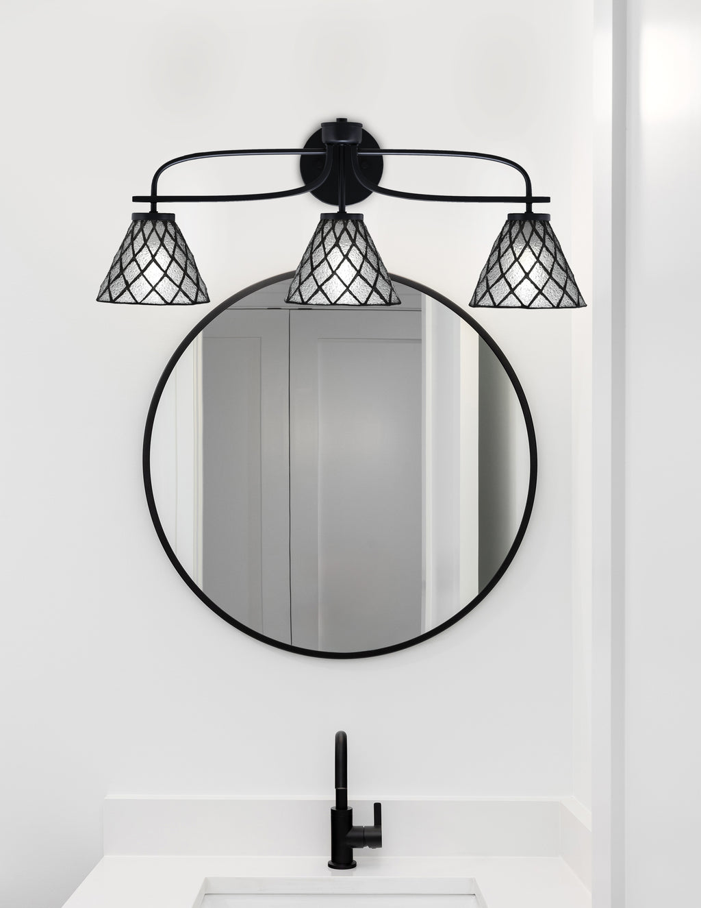 Cavella Three Light Bath Bar in Matte Black with 7" Diamond Ice Art Glass Shade