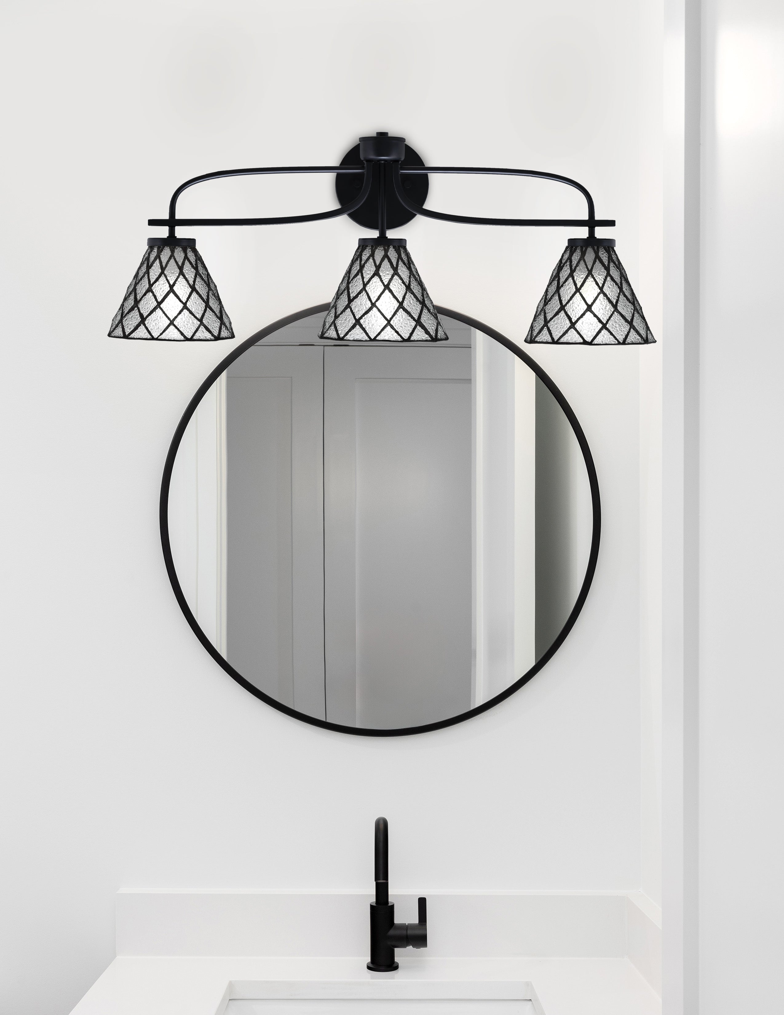 Cavella Three Light Bath Bar in Matte Black with 7" Diamond Ice Art Glass Shade