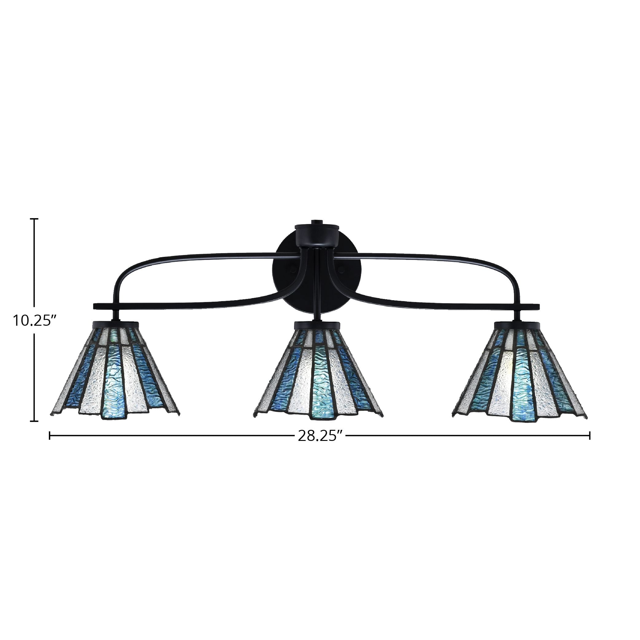 Cavella Three Light Bath Bar in Matte Black with 7" Sea Ice Art Glass Shade