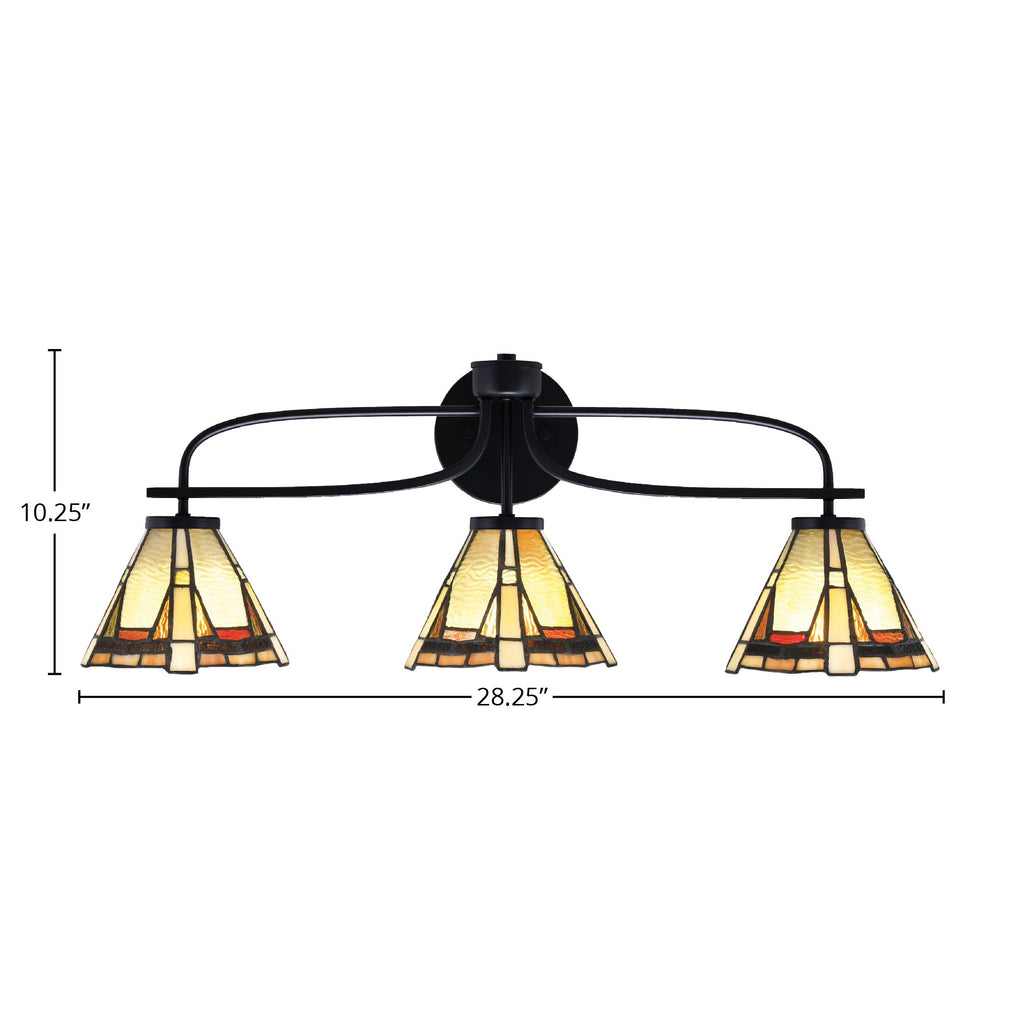 Cavella Three Light Bath Bar in Matte Black with 7" Zion Art Glass Shade