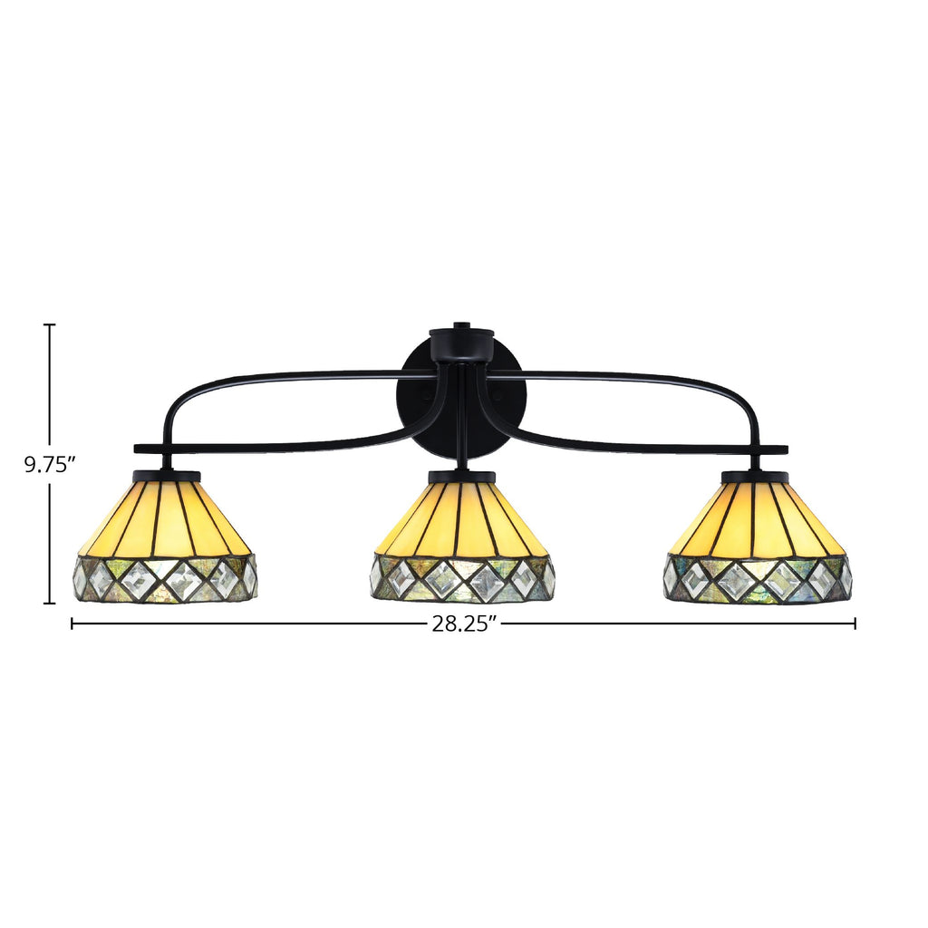 Cavella Three Light Bath Bar in Matte Black with 7" Diamond Peak Art Glass Shade