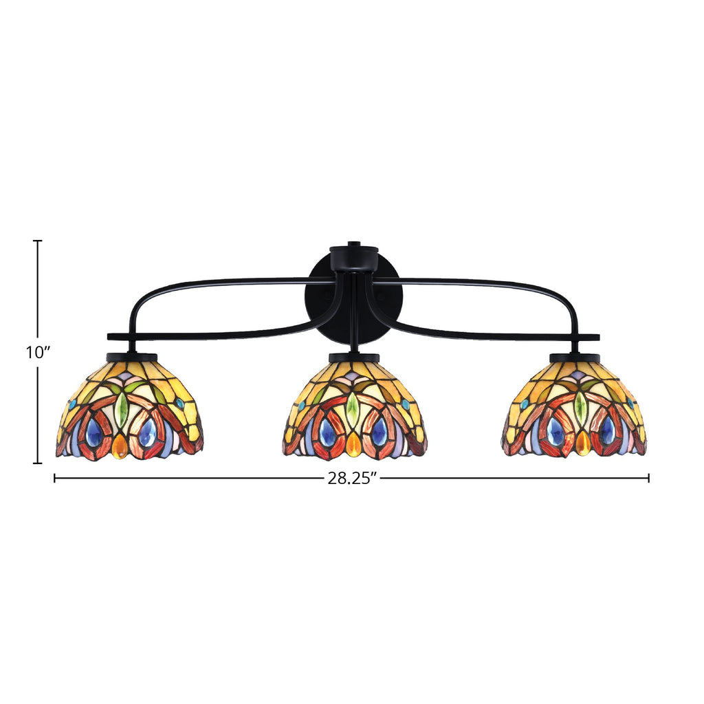 Cavella Three Light Bath Bar in Matte Black with 7" Lynx Art Glass Shade