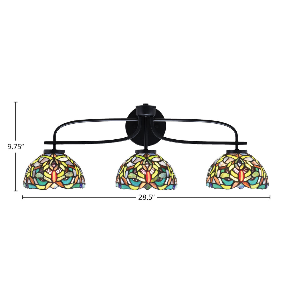 Cavella Three Light Bath Bar in Matte Black with 7" Kaleidoscope Art Glass Shade