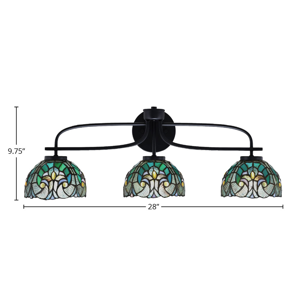 Cavella Three Light Bath Bar in Matte Black with 7" Turquoise Cypress Art Glass Shade