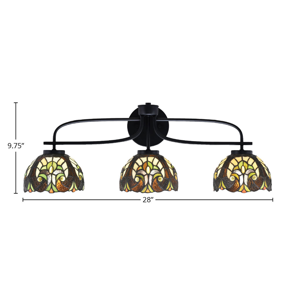 Cavella Three Light Bath Bar in Matte Black with 7" Ivory Cypress Art Glass Shade