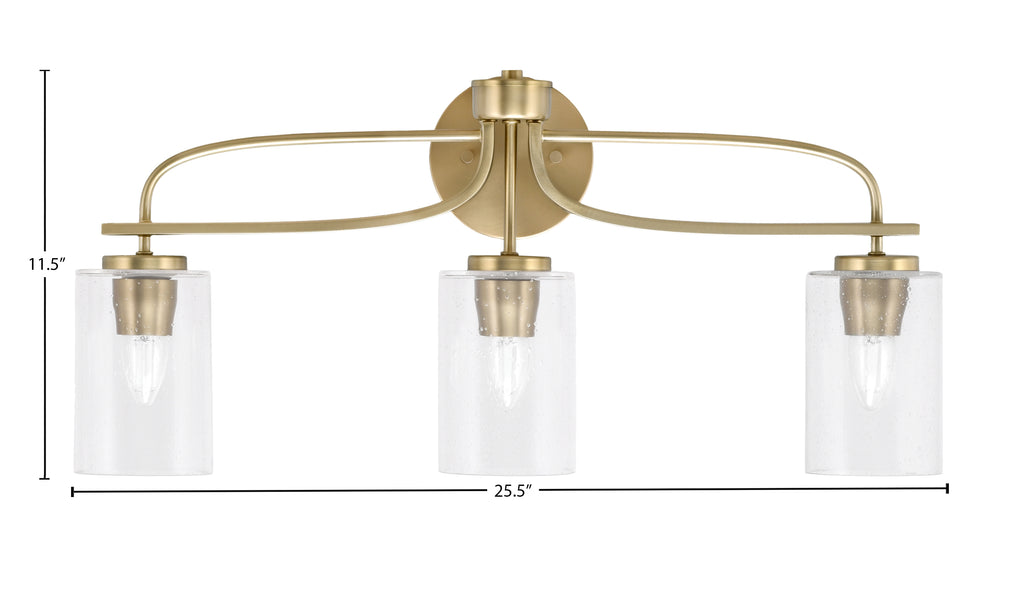 Cavella Three Light Bath Bar in New Age Brass with 4" Clear Bubble Shade