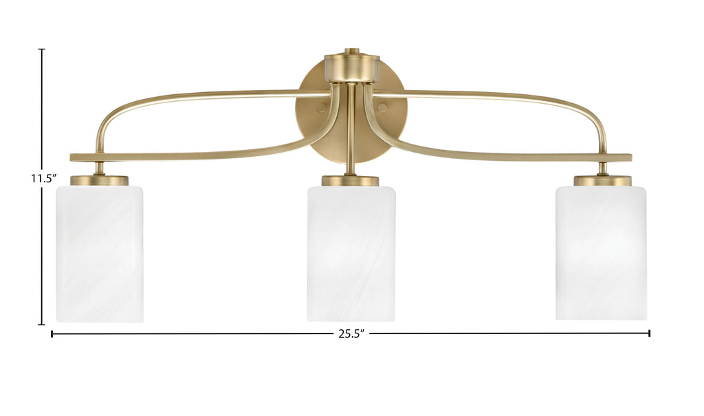Cavella Three Light Bath Bar in New Age Brass with 4" White Marble Shade