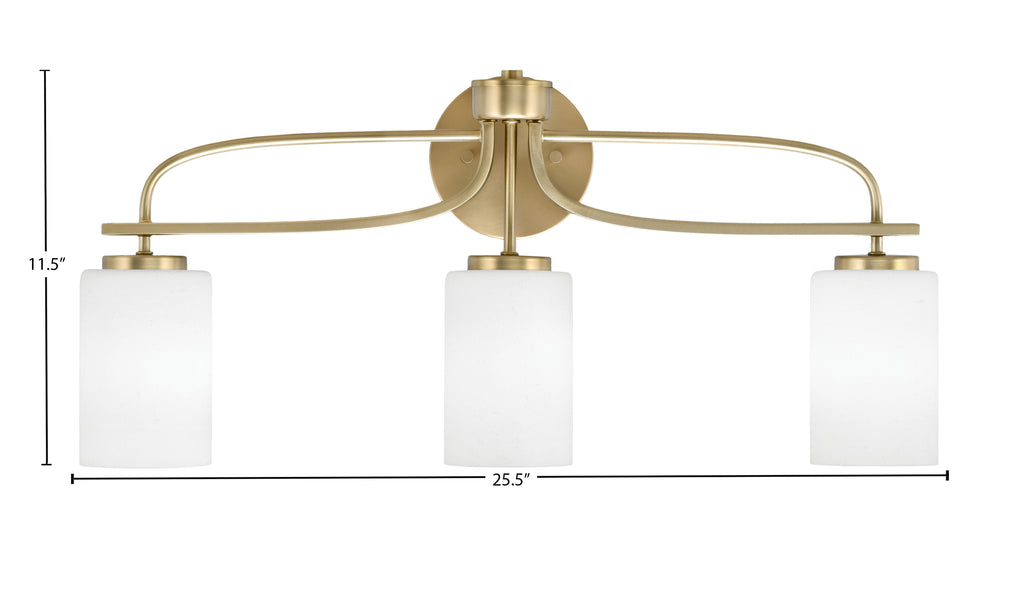 Cavella Three Light Bath Bar in New Age Brass with 4" White Muslin Shade