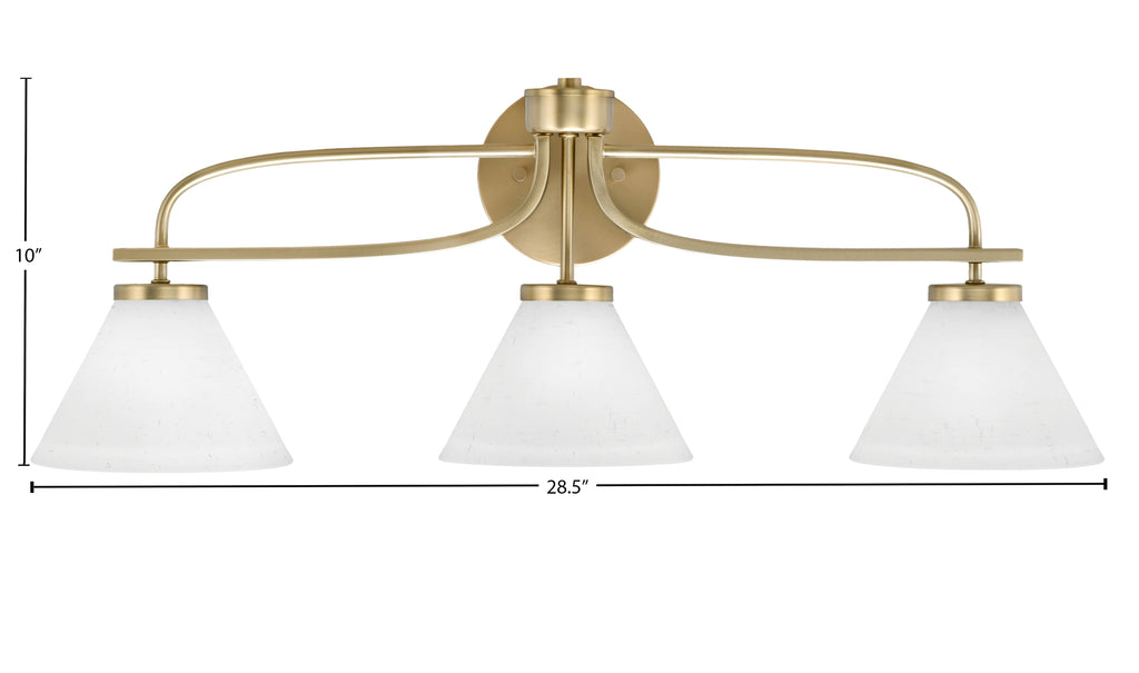 Cavella Three Light Bath Bar in New Age Brass with 7" White Muslin Shade