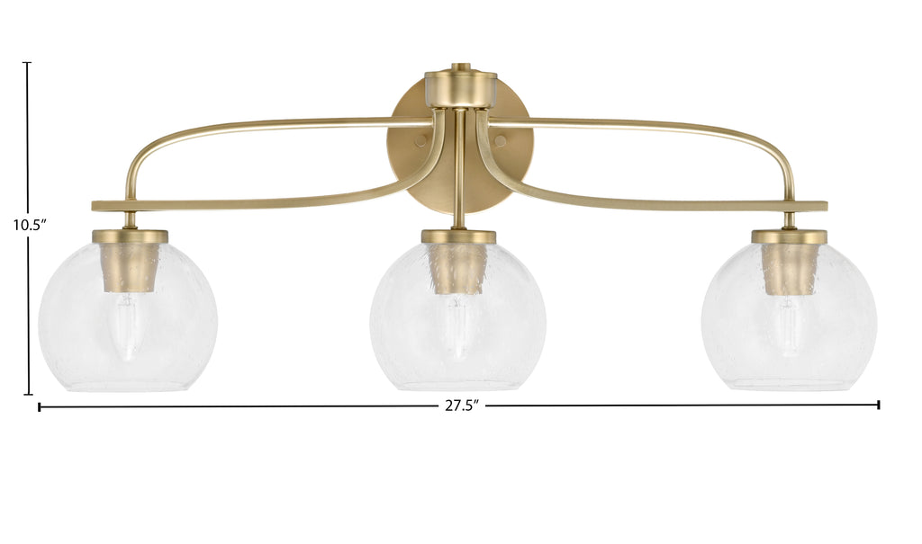 Cavella Three Light Bath Bar in New Age Brass with 5.75" Clear Bubble Shade