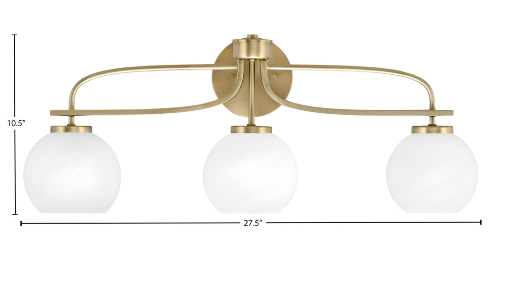 Cavella Three Light Bath Bar in New Age Brass with 5.75" White Marble Shade