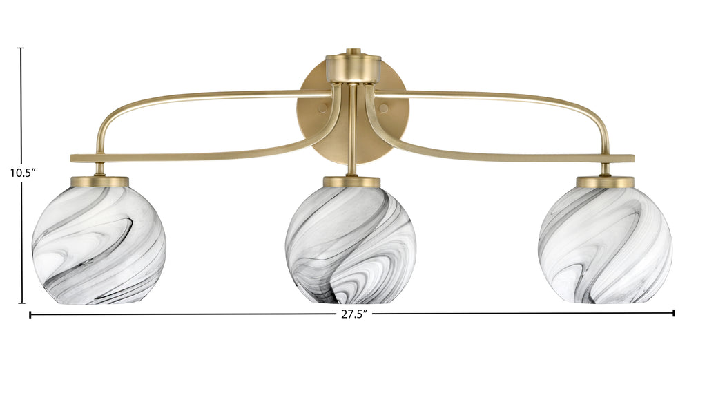 Cavella Three Light Bath Bar in New Age Brass with 5.75" Onyx Swirl Shade