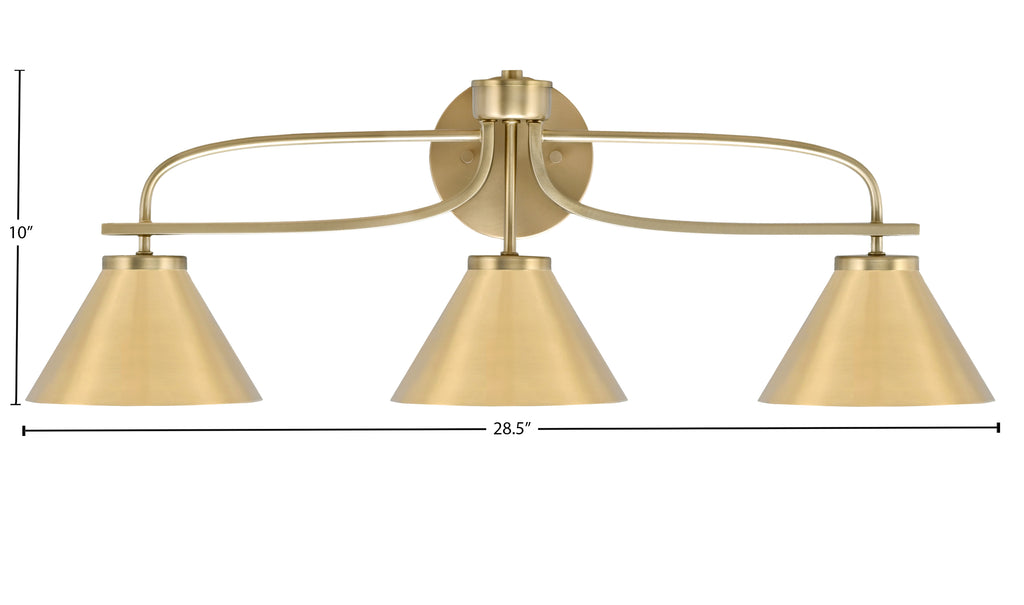 Cavella Three Light Bath Bar in New Age Brass with 7" New Age Brass Cone Metal Shades Shade
