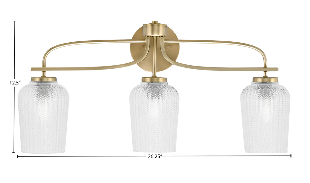 Cavella Three Light Bath Bar in New Age Brass with 5" Clear Textured Shade