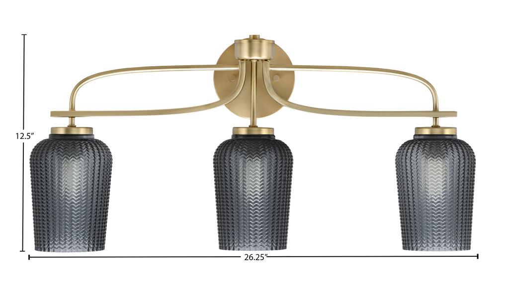Cavella Three Light Bath Bar in New Age Brass with 5" Smoke Textured Shade