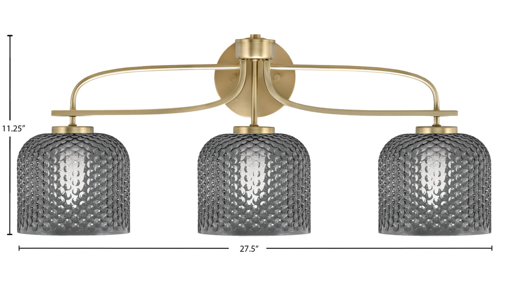 Cavella Three Light Bath Bar in New Age Brass with 6" Smoke Textured Shade