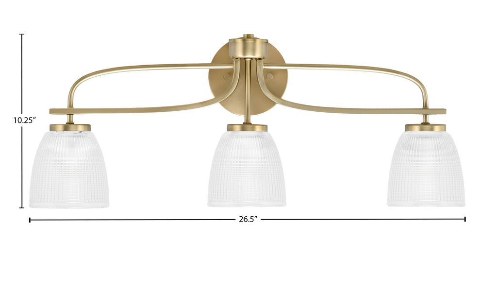 Cavella Three Light Bath Bar in New Age Brass with 5" Clear Ribbed Shade