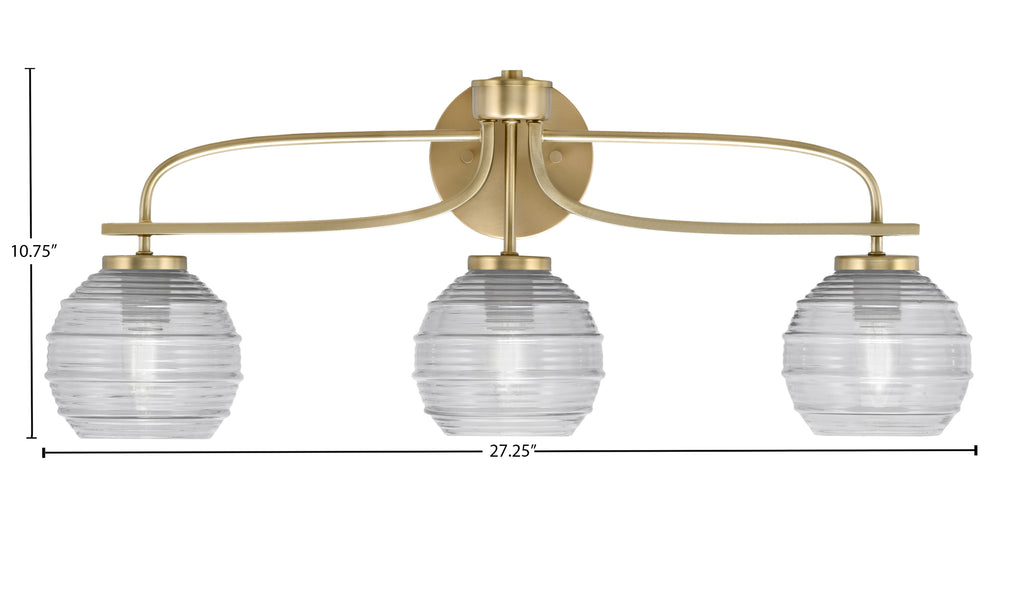 Cavella Three Light Bath Bar in New Age Brass with 6" Clear Ribbed Shade