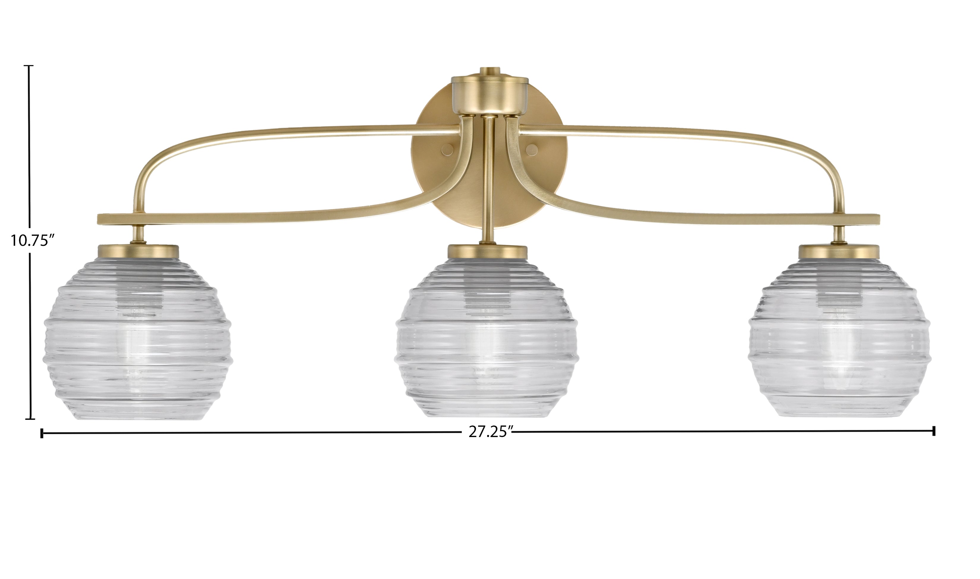 Cavella Three Light Bath Bar in New Age Brass with 6" Clear Ribbed Shade