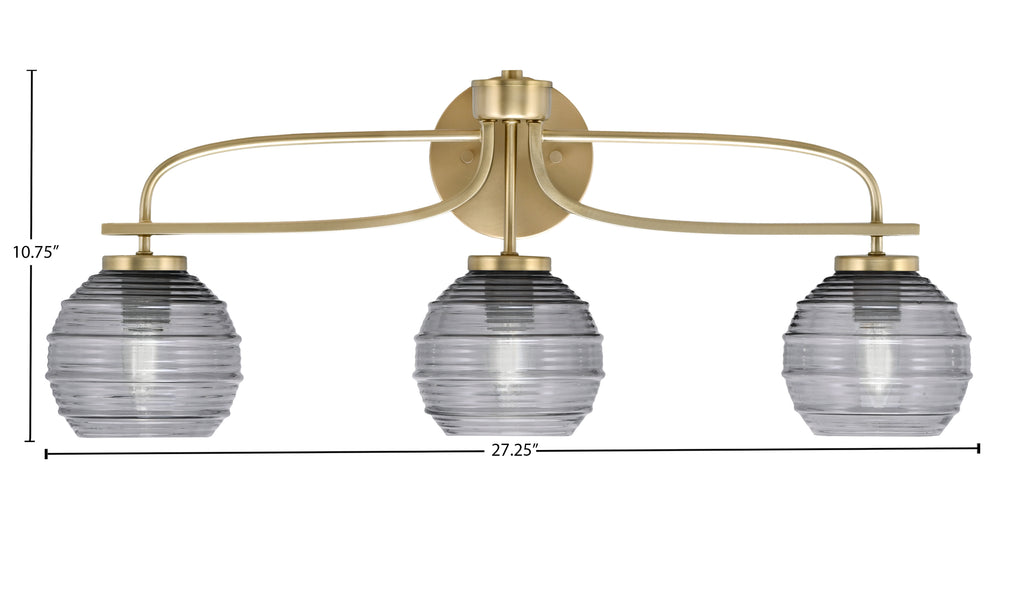 Cavella Three Light Bath Bar in New Age Brass with 6" Smoke Ribbed Shade