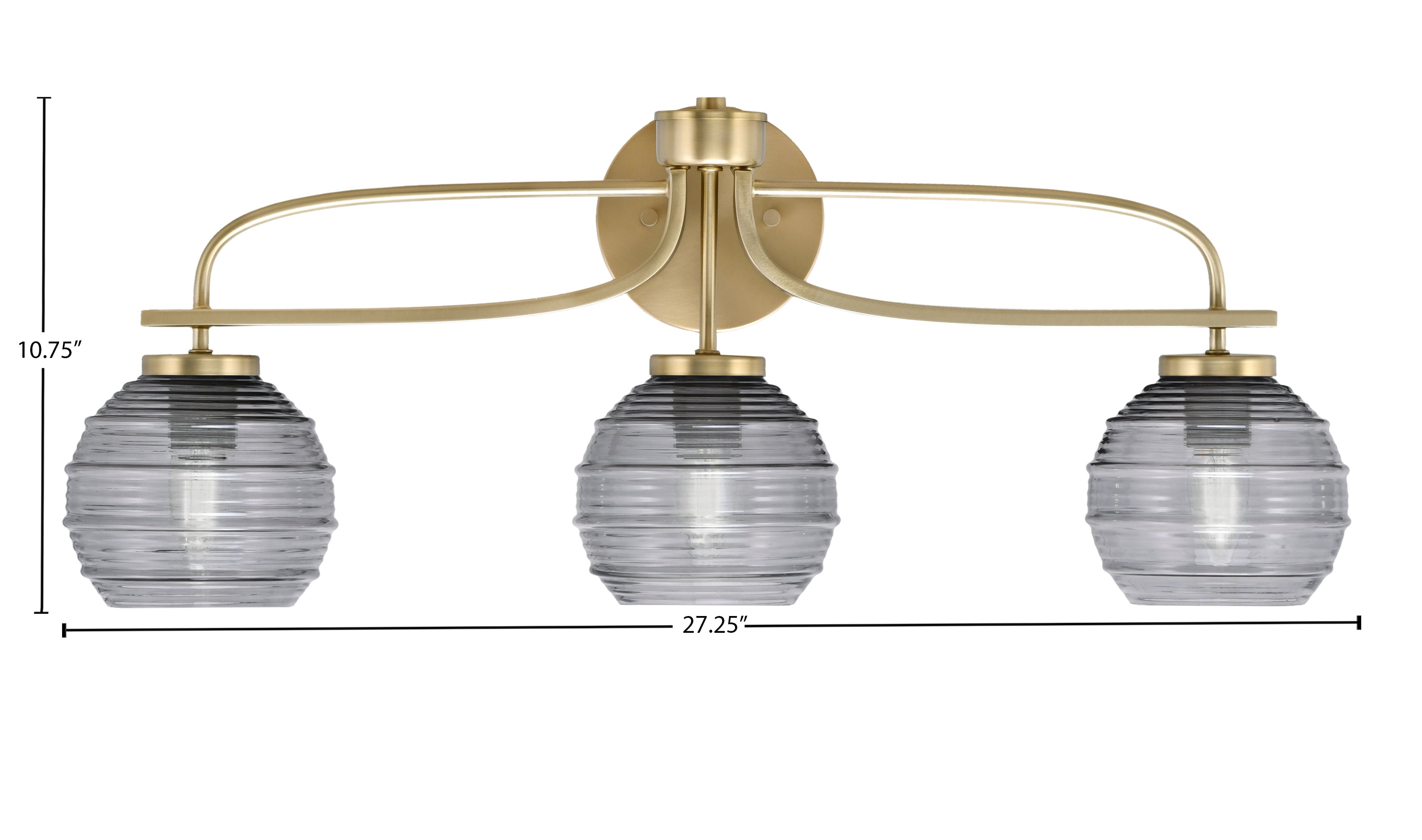 Cavella Three Light Bath Bar in New Age Brass with 6" Smoke Ribbed Shade